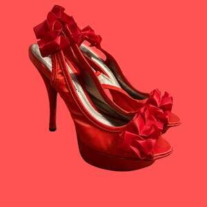 Sarah Jayne Red Satin Peep Toe Platform Slingback Heels with Ruffle Detail